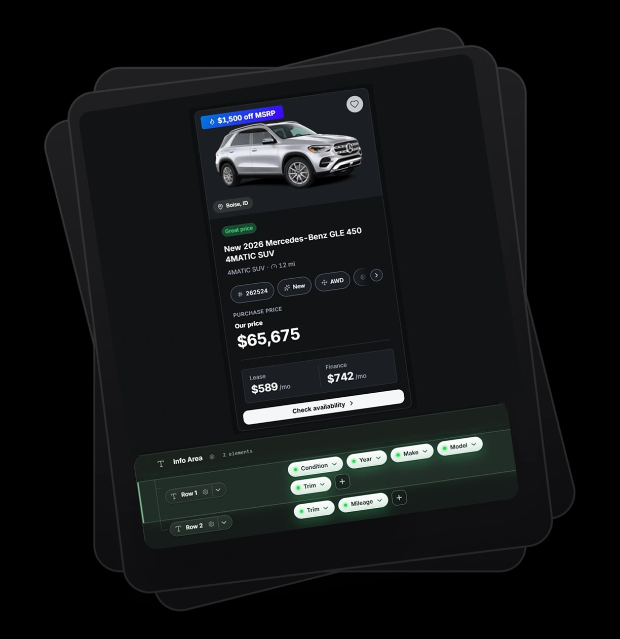 DealerTower SRP customizer showing vehicle search results with customizable cards and merchandising options