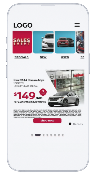phone mockup with dealership homepage on it